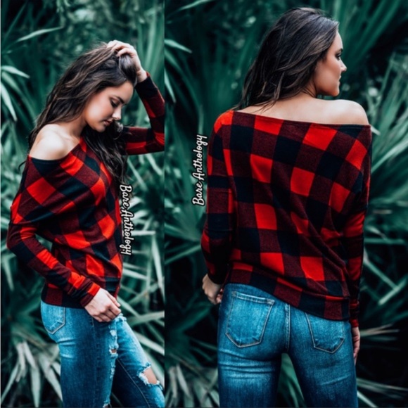 Red and black plaid off the shoulder long sleeve top.  SIZE XL - Picture 2 of 12